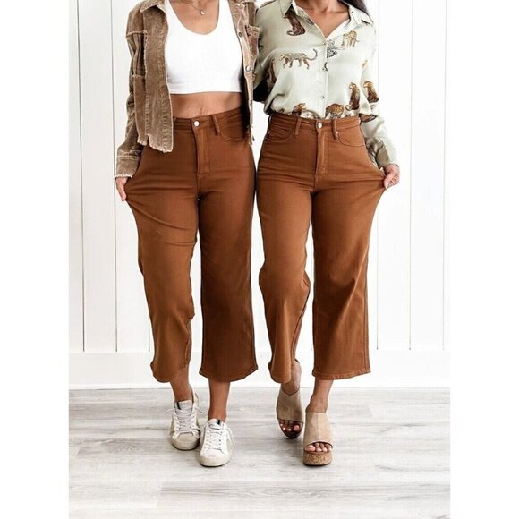 Judy Blue High Waisted Control Top Wide Cropped Jeans Camel - Picture 6 of 7
